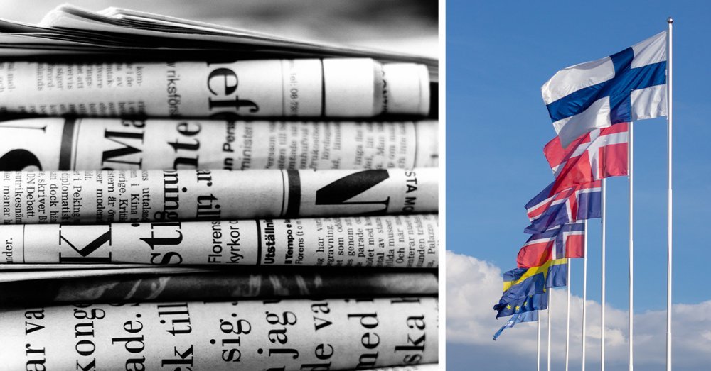 Two images: A pile of newspapers and the Nordic flags.